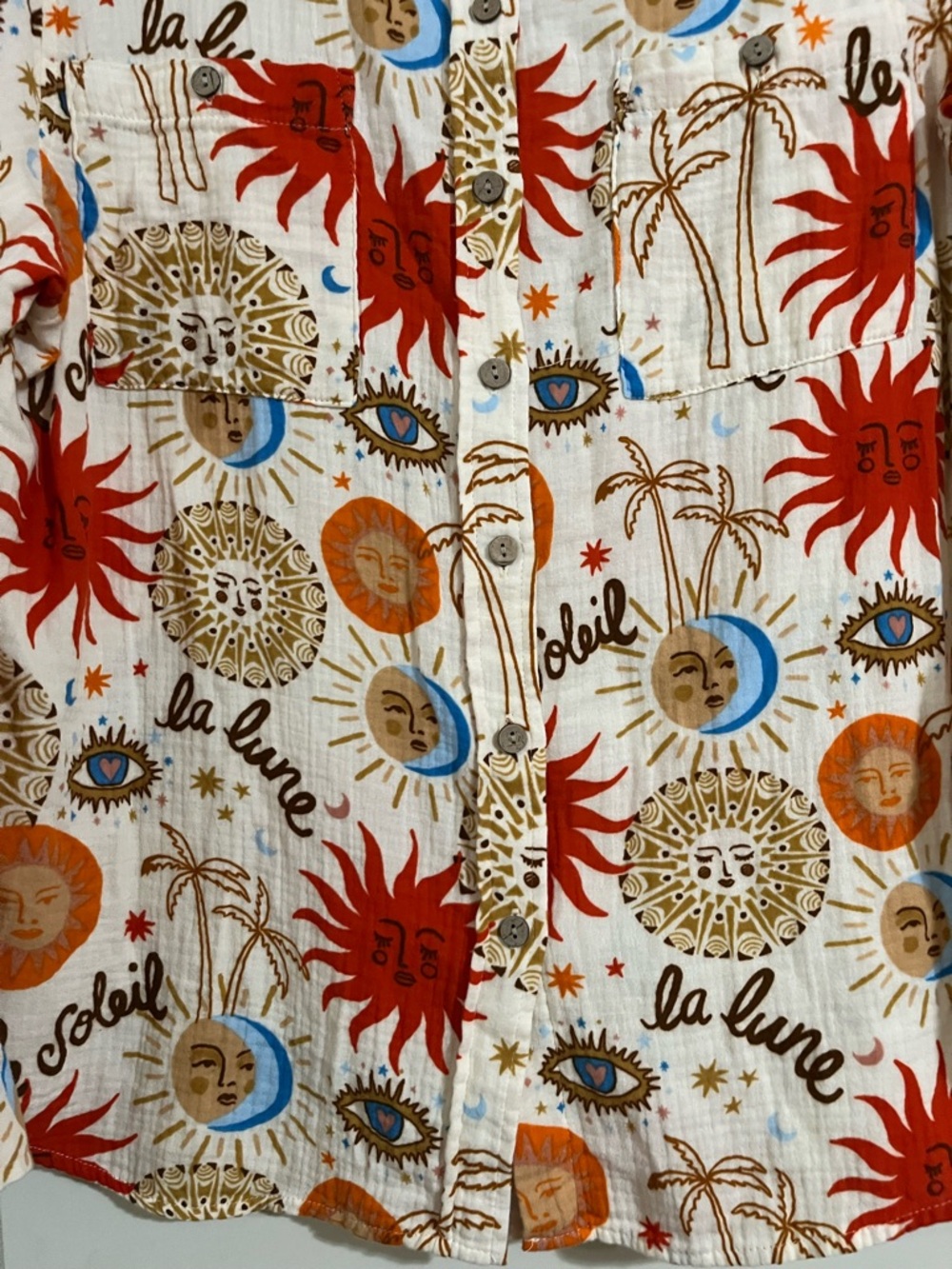 Ivy Jane Colorful Sun & Moon Print Button-Up Shirt Cotton Summer Gauzy Boho - Picture 6 of 13
